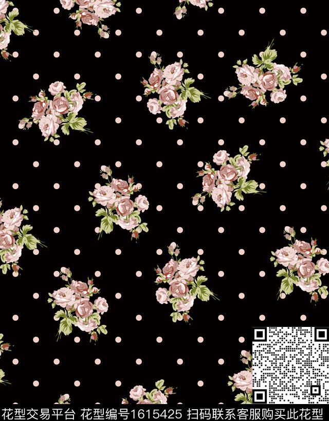 花卉黑底花卉波点数码印花花型下载（图片编号: 1615425） - 瓦栏（Walan）