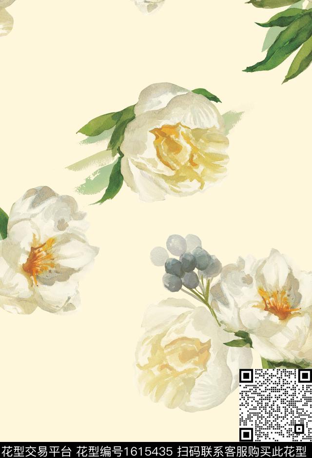 大花花卉手绘花卉数码印花花型下载（图片编号: 1615435） - 瓦栏（Walan）