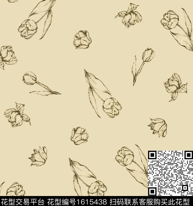 花卉线条花卉清爽底花卉数码印花花型下载（图片编号: 1615438） - 瓦栏（Walan）