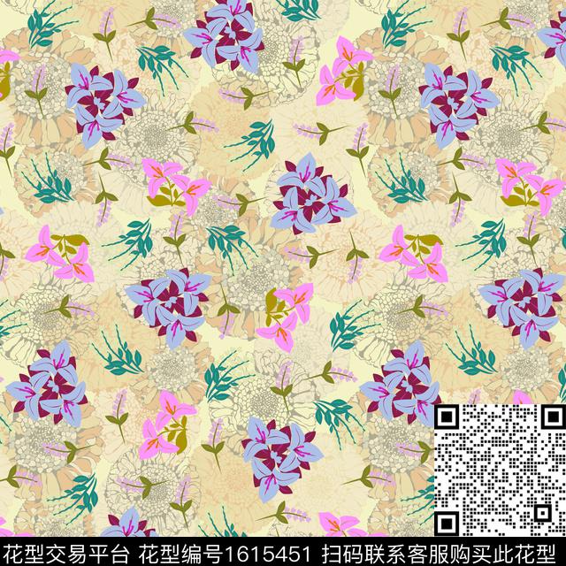 花卉满版散花绿植树叶数码印花花型下载（图片编号: 1615451） - 瓦栏（Walan）