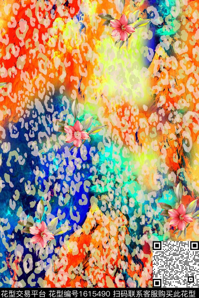 豹纹花卉抽象底纹数码印花花型下载（图片编号: 1615490） - 瓦栏（Walan）