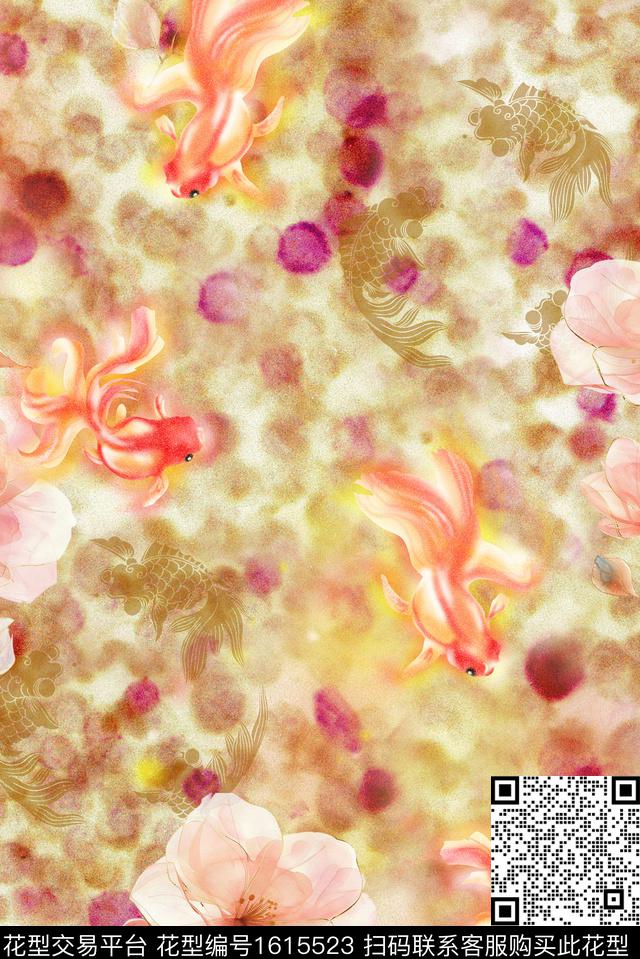 花卉金鱼水彩数码印花花型下载（图片编号: 1615523） - 瓦栏（Walan）