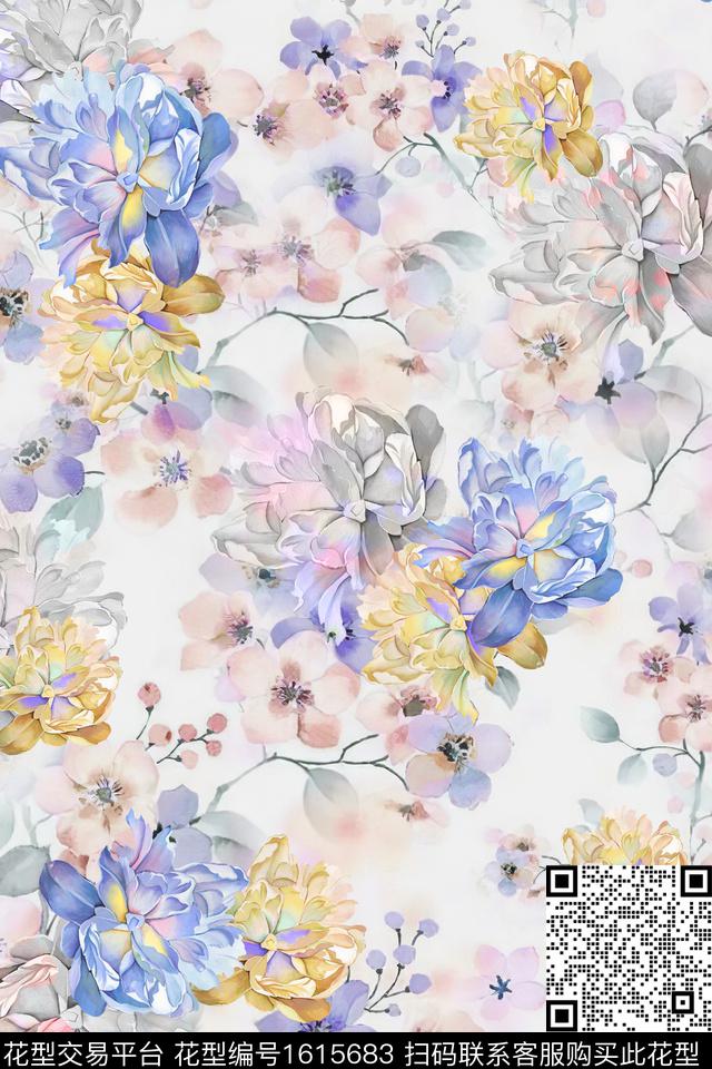 花卉影花手绘数码印花花型下载（图片编号: 1615683） - 瓦栏（Walan）