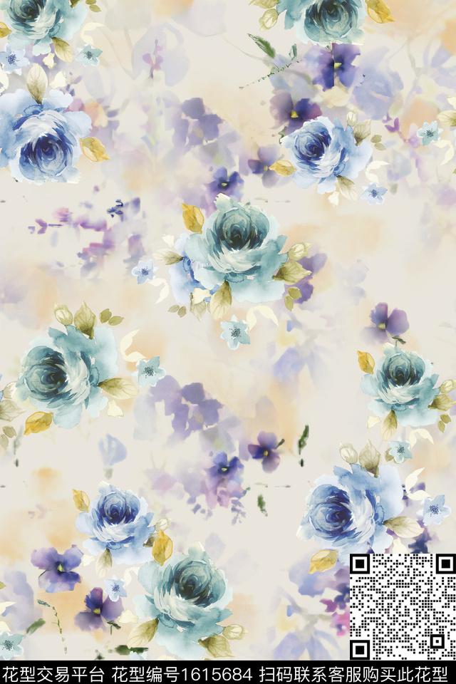 花卉水彩花卉朦胧花卉数码印花花型下载（图片编号: 1615684） - 瓦栏（Walan）