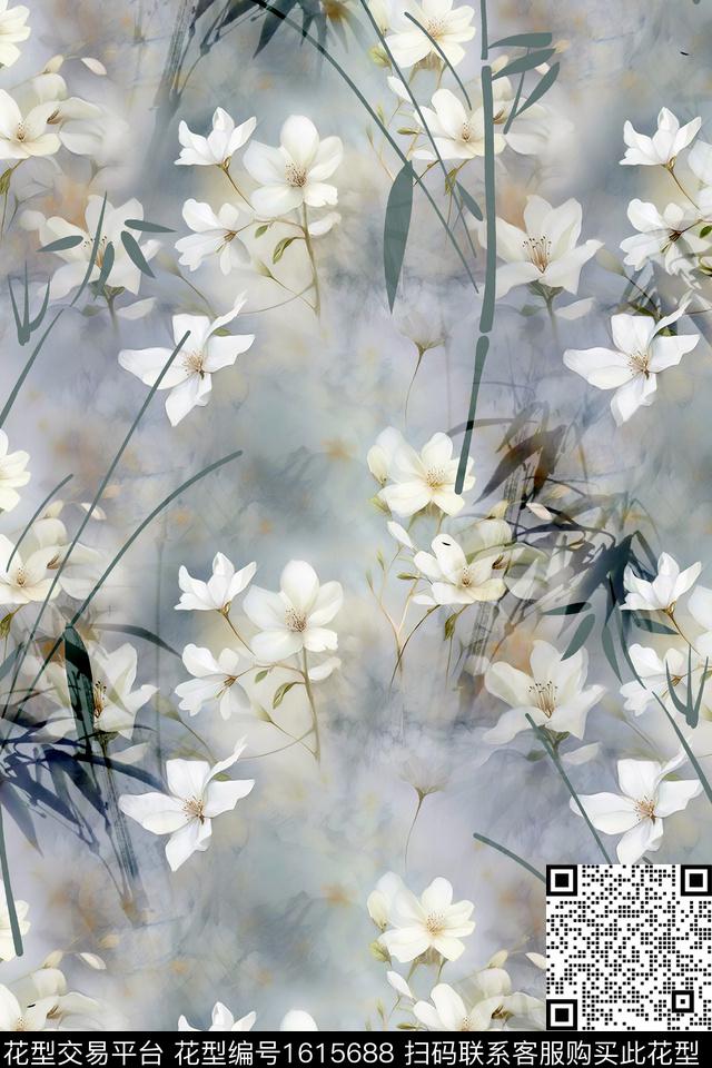 花卉水彩花卉竹叶数码印花花型下载（图片编号: 1615688） - 瓦栏（Walan）