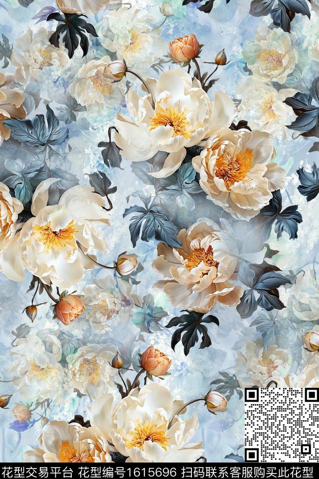 花卉影花满版散花数码印花花型下载（图片编号: 1615696） - 瓦栏（Walan）