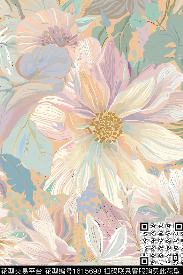 大花花卉数码印花花型下载（图片编号: 1615698） - 瓦栏（Walan）