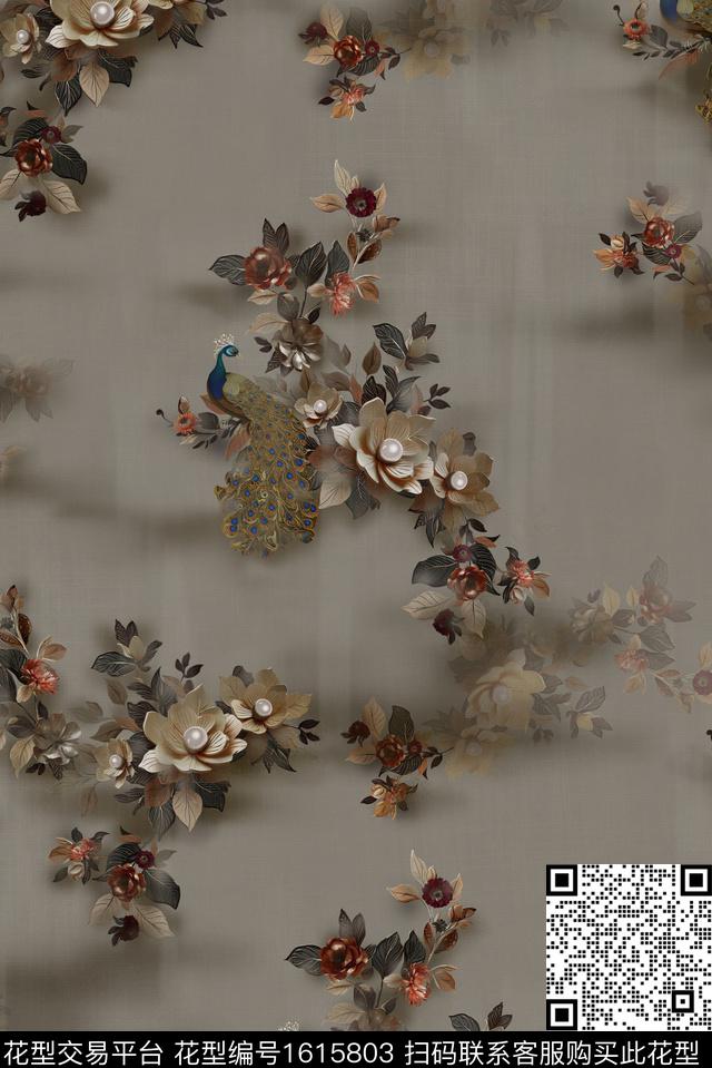 花卉孔雀中国风数码印花花型下载（图片编号: 1615803） - 瓦栏（Walan）