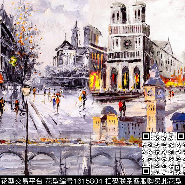 建筑风景景观手绘数码印花花型下载（图片编号: 1615804） - 瓦栏（Walan）