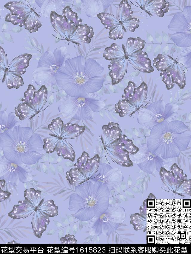 花卉影花蝴蝶数码印花花型下载（图片编号: 1615823） - 瓦栏（Walan）