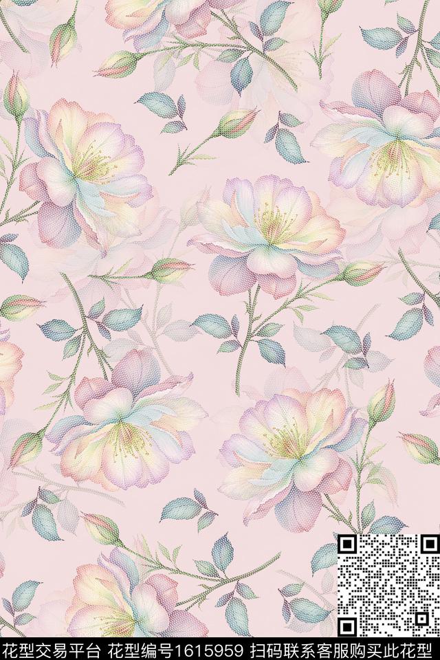花卉影花手绘数码印花花型下载（图片编号: 1615959） - 瓦栏（Walan）