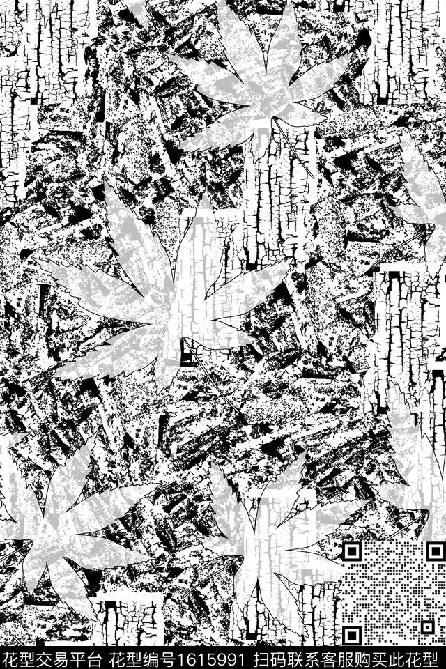 枫叶黑白花型肌理数码印花花型下载（图片编号: 1615991） - 瓦栏（Walan）