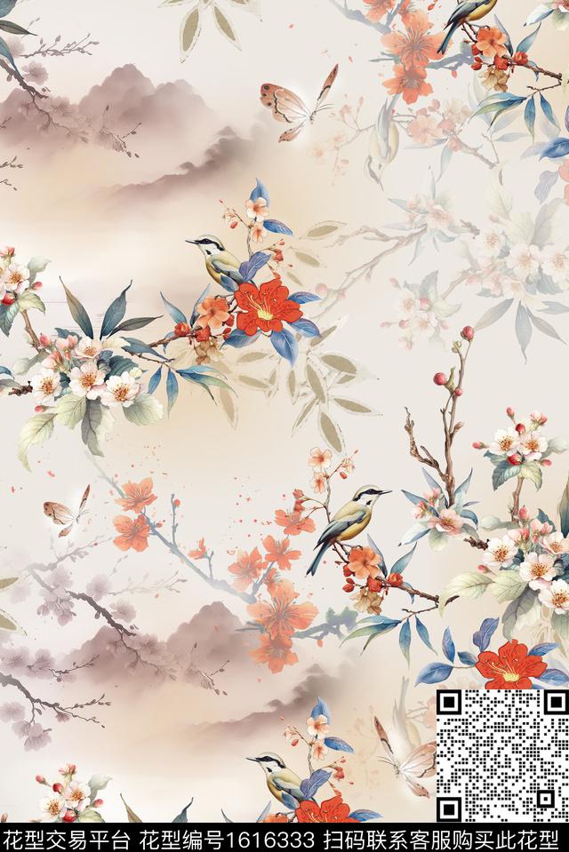 花卉蝴蝶花鸟数码印花花型下载（图片编号: 1616333） - 瓦栏（Walan）