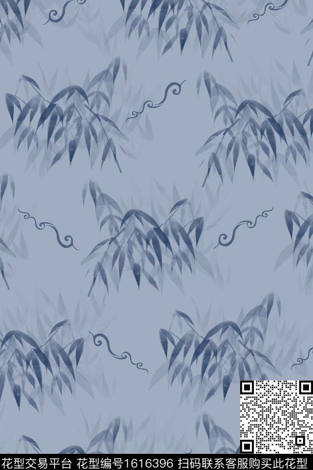 水彩竹叶中国风数码印花花型下载（图片编号: 1616396） - 瓦栏（Walan）