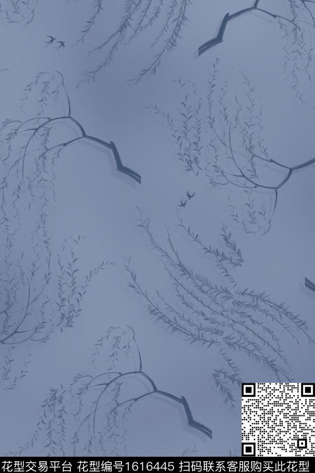 杨柳树枝燕子数码印花花型下载（图片编号: 1616445） - 瓦栏（Walan）