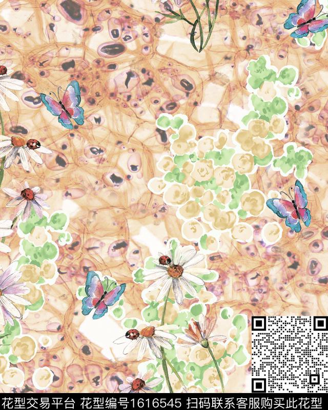 花卉水彩花卉蝴蝶数码印花花型下载（图片编号: 1616545） - 瓦栏（Walan）