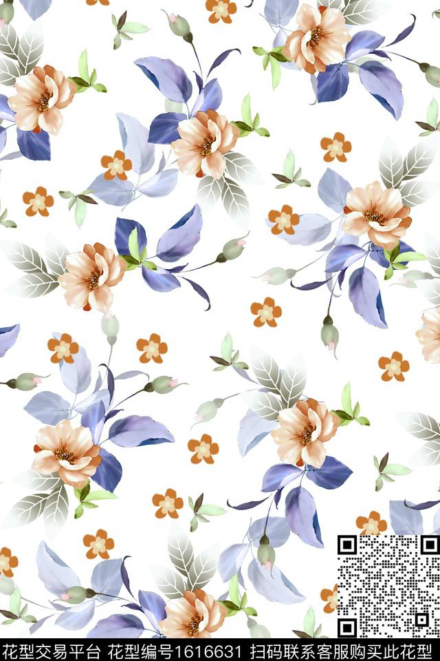 满版散花花卉清爽底花卉数码印花花型下载（图片编号: 1616631） - 瓦栏（Walan）