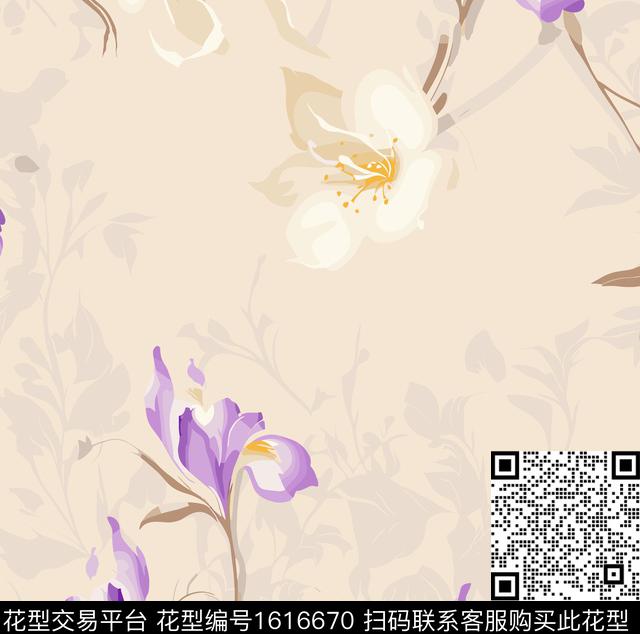 花卉剪影手绘数码印花花型下载（图片编号: 1616670） - 瓦栏（Walan）