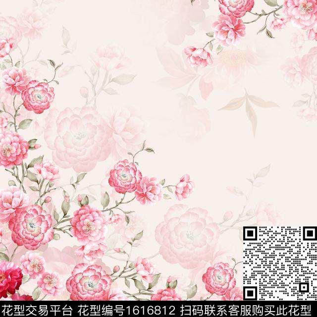 花卉方巾手绘花卉传统印花花型下载（图片编号: 1616812） - 瓦栏（Walan）