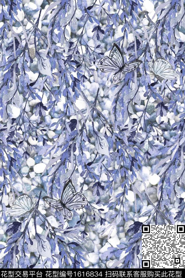 水彩蝴蝶绿植树叶数码印花花型下载（图片编号: 1616834） - 瓦栏（Walan）