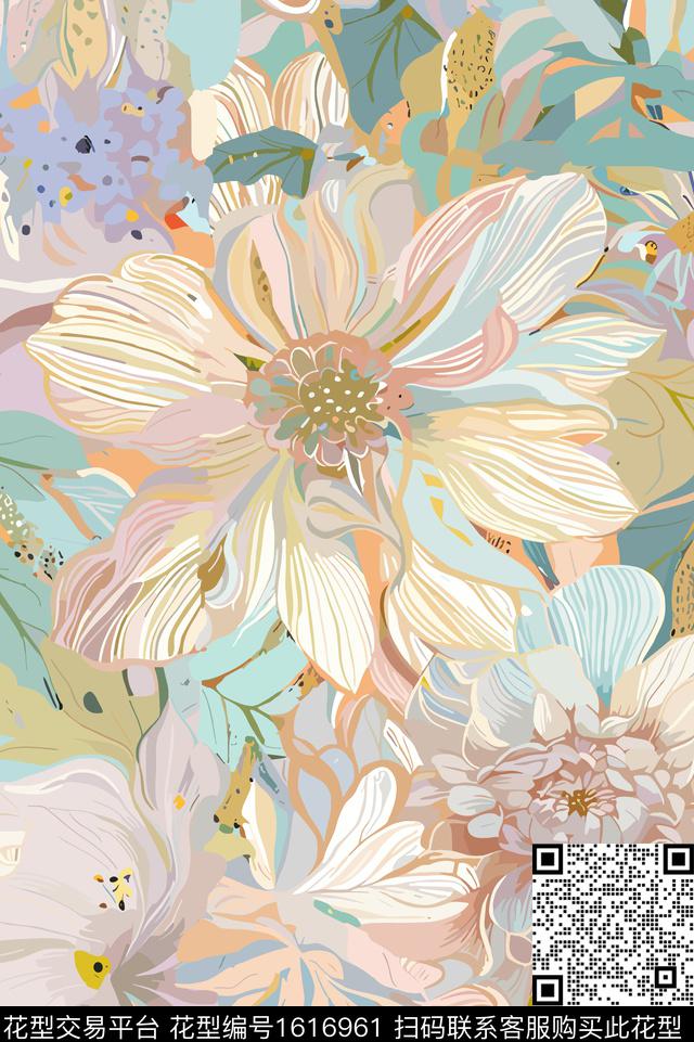 大花花卉数码印花花型下载（图片编号: 1616961） - 瓦栏（Walan）
