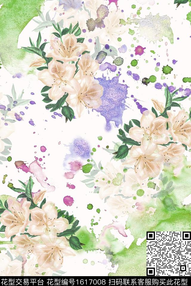 晕染肌理水彩花卉玉兰花数码印花花型下载（图片编号: 1617008） - 瓦栏（Walan）