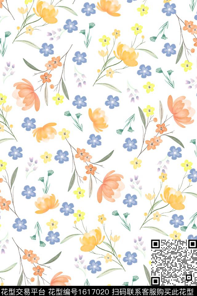 小碎花水彩花卉清爽底花卉数码印花花型下载（图片编号: 1617020） - 瓦栏（Walan）