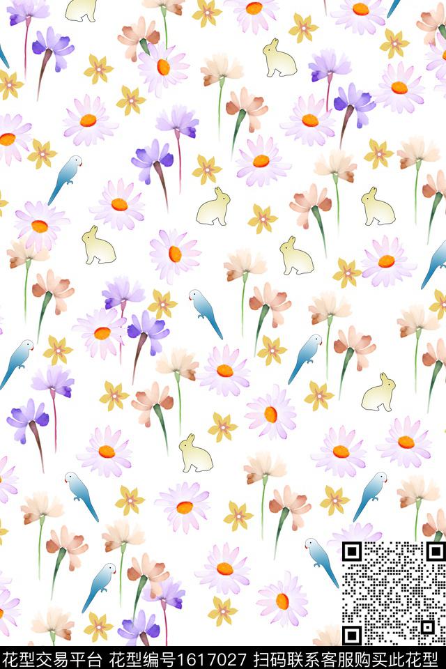 卡通动物小碎花水彩花卉数码印花花型下载（图片编号: 1617027） - 瓦栏（Walan）