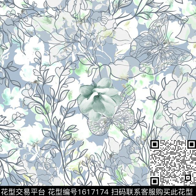 花卉线条花卉影花数码印花花型下载（图片编号: 1617174） - 瓦栏（Walan）