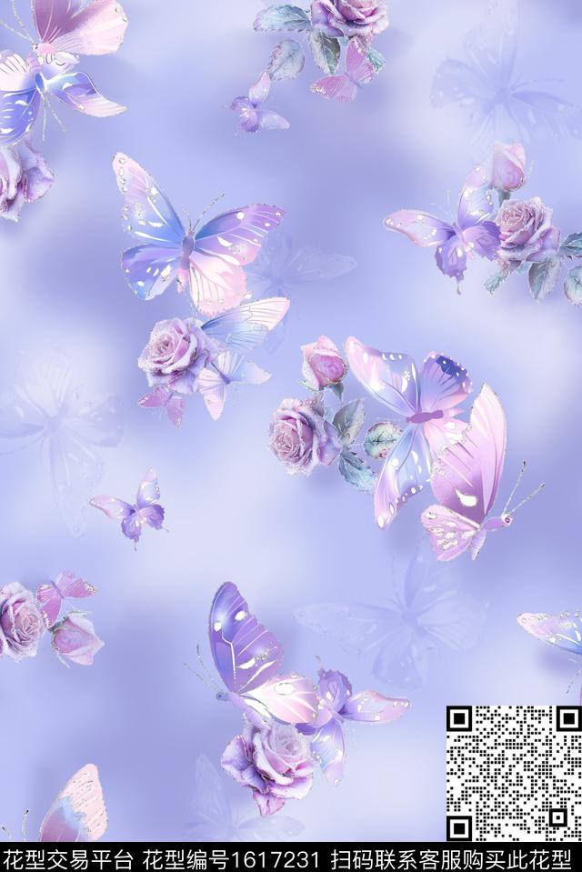 花卉蝴蝶玫瑰花数码印花花型下载（图片编号: 1617231） - 瓦栏（Walan）