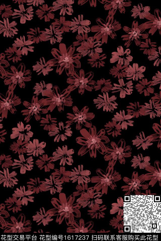 黑底花卉小碎花数码印花花型下载（图片编号: 1617237） - 瓦栏（Walan）
