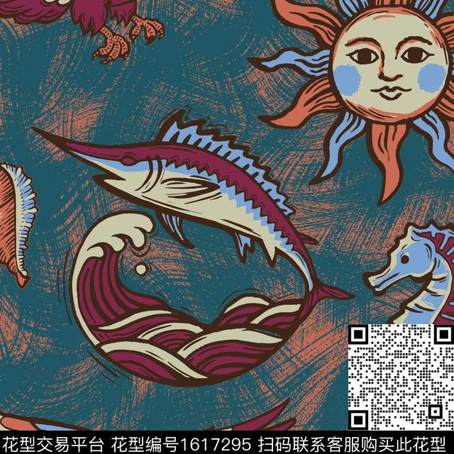 鱼海浪海马数码印花花型下载（图片编号: 1617295） - 瓦栏（Walan）