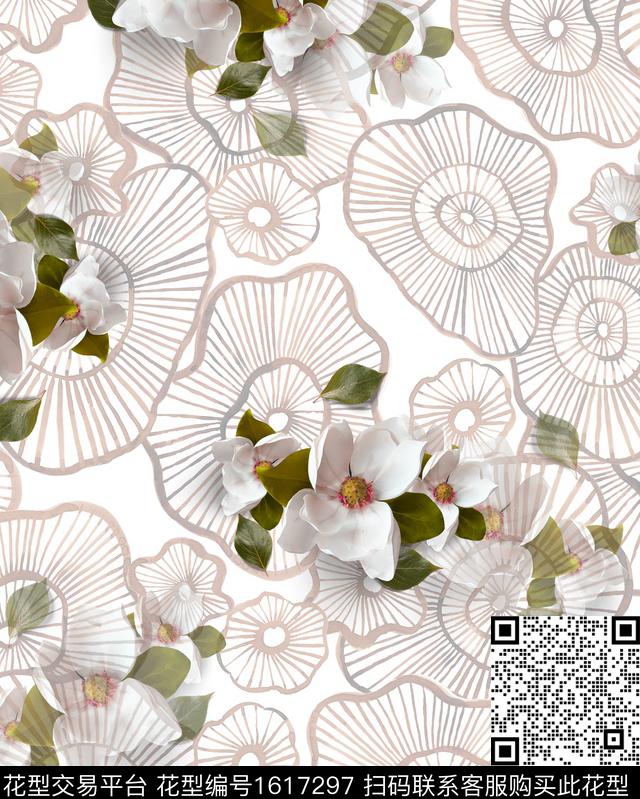 花卉影花线条花卉数码印花花型下载（图片编号: 1617297） - 瓦栏（Walan）