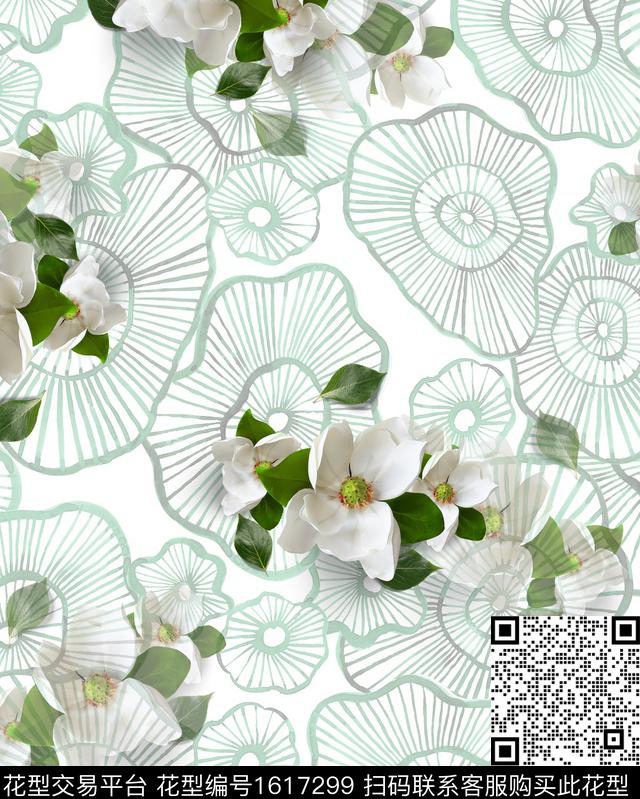 3D立体玉兰花线条花卉数码印花花型下载（图片编号: 1617299） - 瓦栏（Walan）