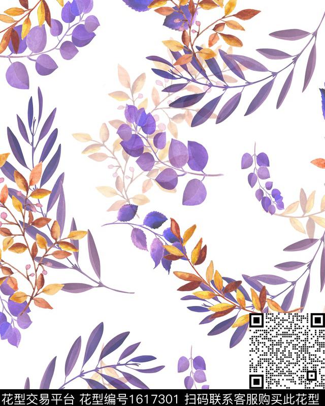 小清新水彩绿植树叶数码印花花型下载（图片编号: 1617301） - 瓦栏（Walan）