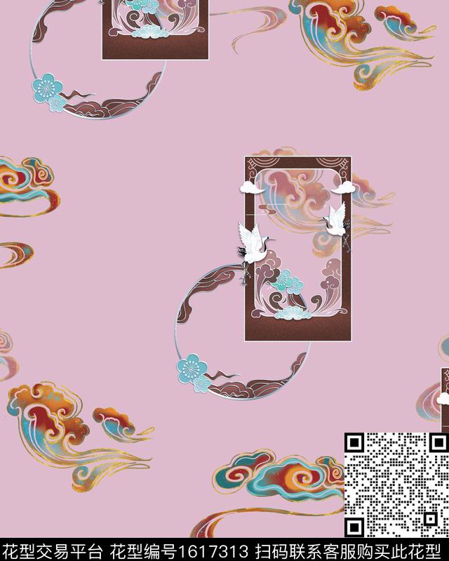 小碎花仙鹤几何数码印花花型下载（图片编号: 1617313） - 瓦栏（Walan）