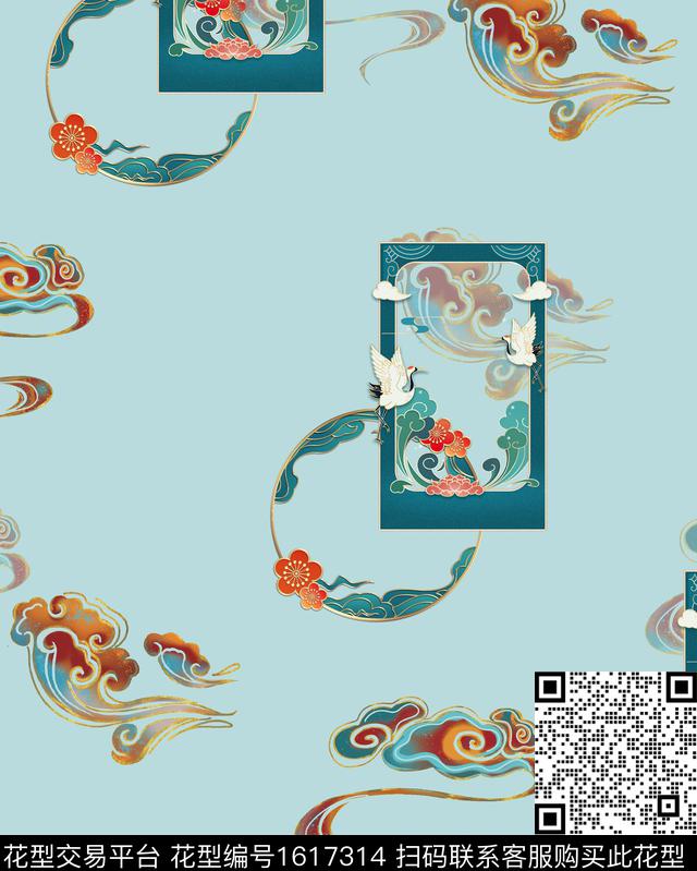 中国风仙鹤祥云数码印花花型下载（图片编号: 1617314） - 瓦栏（Walan）