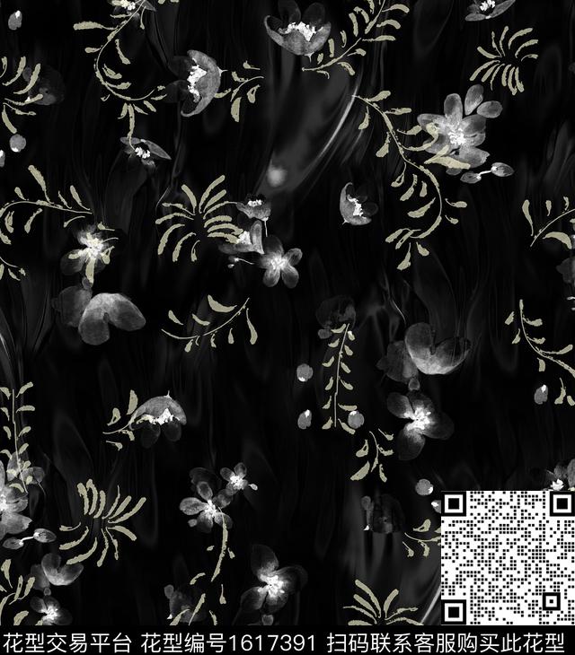 花卉水彩花卉黑底花卉数码印花花型下载（图片编号: 1617391） - 瓦栏（Walan）
