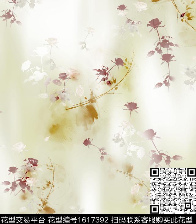花卉水彩剪影数码印花花型下载（图片编号: 1617392） - 瓦栏（Walan）