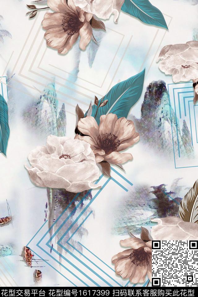 线条花卉水彩花卉数码印花花型下载（图片编号: 1617399） - 瓦栏（Walan）