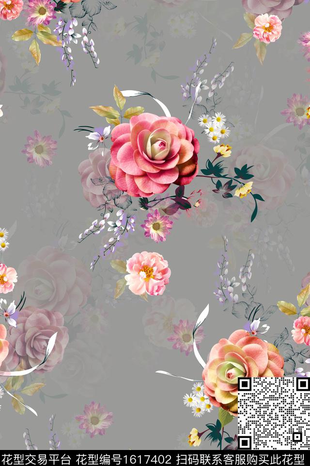 影花花卉大花数码印花花型下载（图片编号: 1617402） - 瓦栏（Walan）