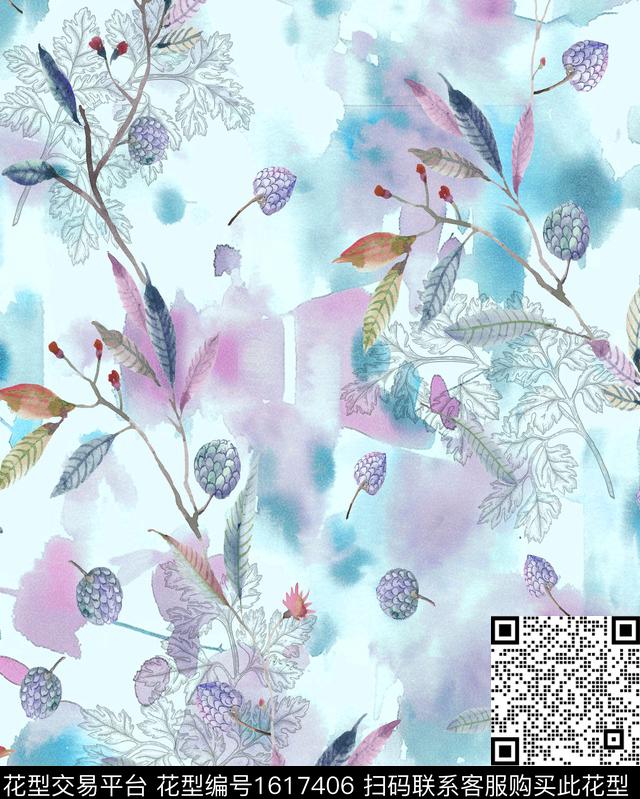 晕染肌理水彩花卉线条花卉数码印花花型下载（图片编号: 1617406） - 瓦栏（Walan）