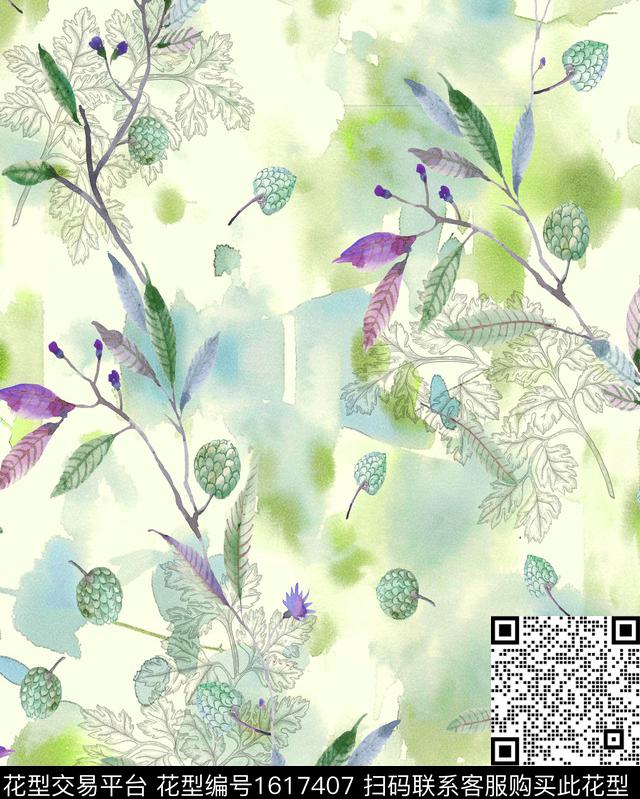 水彩植物松果数码印花花型下载（图片编号: 1617407） - 瓦栏（Walan）