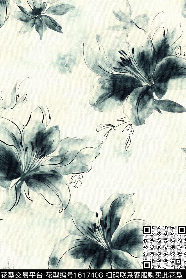 花卉大花渐变数码印花花型下载（图片编号: 1617408） - 瓦栏（Walan）