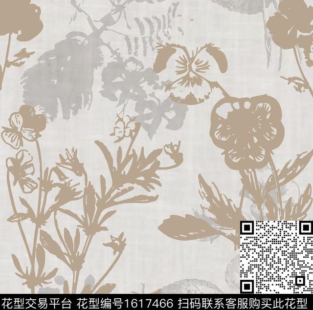 花卉剪影手绘数码印花花型下载（图片编号: 1617466） - 瓦栏（Walan）
