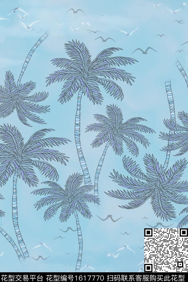 定位花海鸥椰子树数码印花花型下载（图片编号: 1617770） - 瓦栏（Walan）
