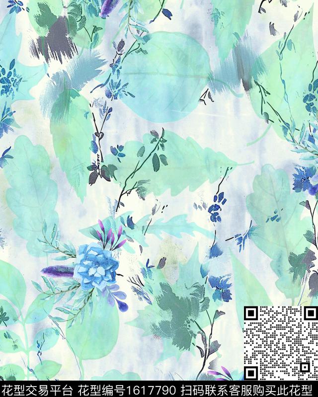 肌理水彩花卉绿植树叶数码印花花型下载（图片编号: 1617790） - 瓦栏（Walan）