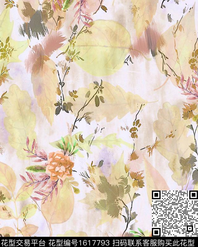 花卉水彩花卉绿植树叶数码印花花型下载（图片编号: 1617793） - 瓦栏（Walan）