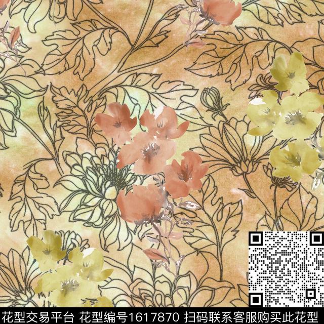 花卉水彩花卉线条花卉数码印花花型下载（图片编号: 1617870） - 瓦栏（Walan）