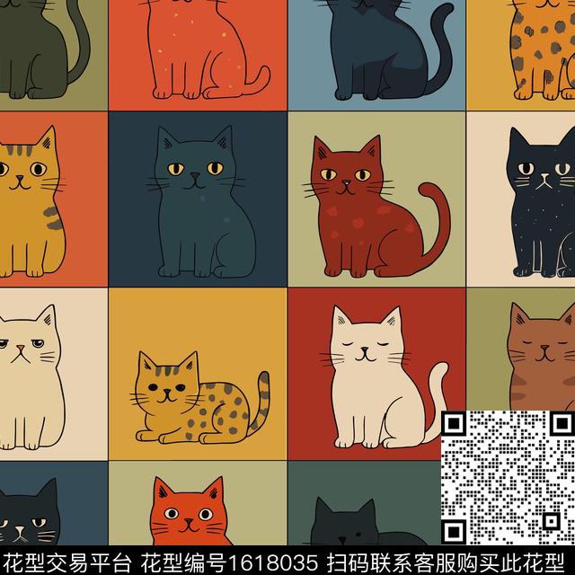 卡通动物格子猫传统印花花型下载（图片编号: 1618035） - 瓦栏（Walan）